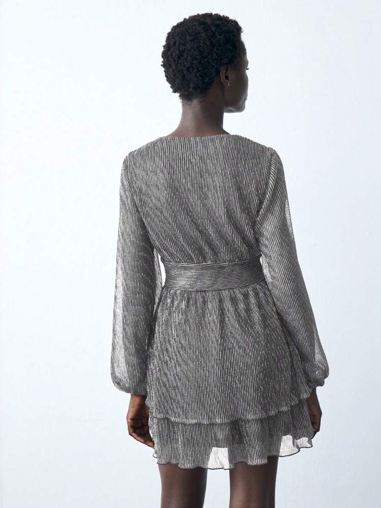 SHEIN Maija Women's Gray Metallic Thread Long Sleeve V-Neck Lantern Sleeve Solid Color Mini Dress, Versatile Spring/Summer Outfit Business Casual Women's Wear, Office Wear, Low-Key Old Money Style, Effortless Temperament, High-End Urban Commuting, The Same Style As The Editor-In-Chief Of The Magazine, Urban Social Vacation Party Wear, Charming, Low-Key And Durable Basic Style, Versatile And Not Picky Clothing, Street Fashion Wear, Clothing, Coffee Shop, Relaxed Wear