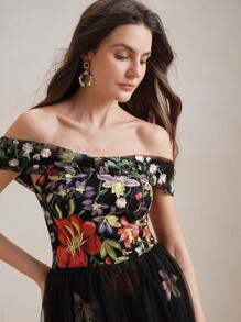 Anewsta Elegant Embellished 3D Floral Off Shoulder Waist Defined Fit And Flare Dress, Suitable For Summer, Sundress, Festival