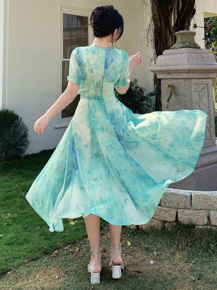 Women's Floral Print Square Collar Ruffle Hem Mid-Length Dress Vacation Outfits Women Easter Boho