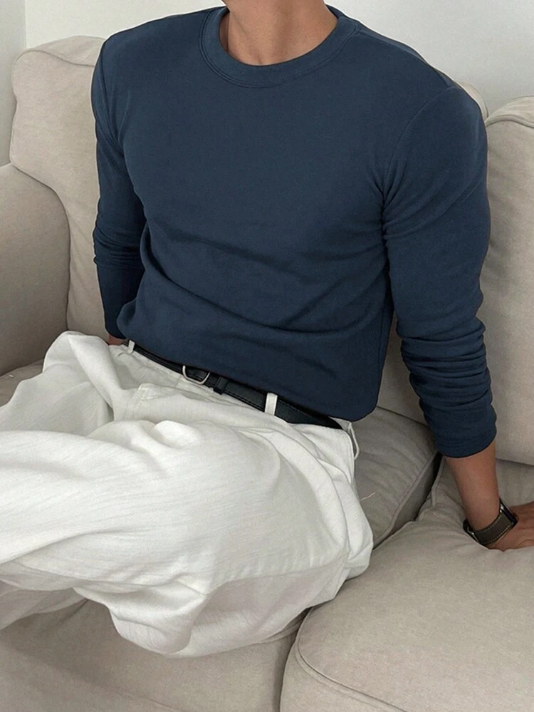 Men's Solid Color Fleece Crew Neck T-Shirt, Autumn/Winter