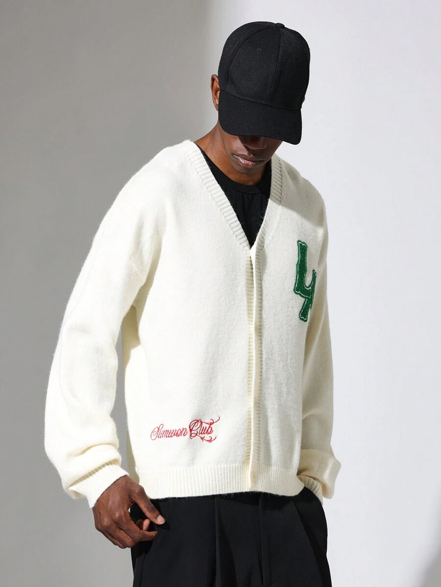 SUMWON Cozy Varsity Letterman Cardigan Sweater Knit Letter Patch Green Embroidery Retro College Preppy Style School Club Fall Winter - Apricot - View 1