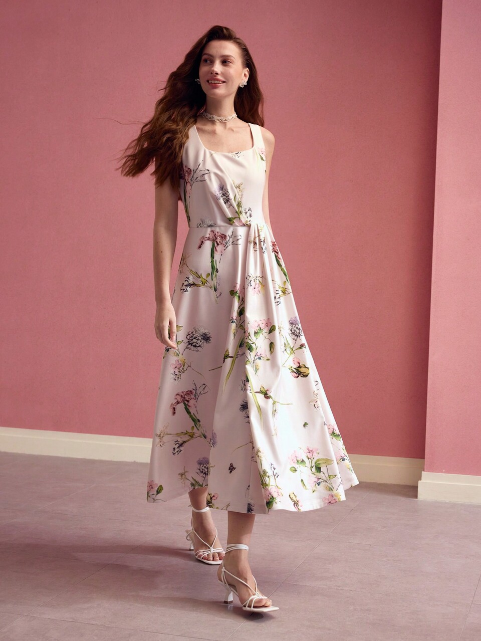 FLORA PRINT FOLD PLEATED TANK DRESS,VALENTINE'S DAY, MIDI DRESS