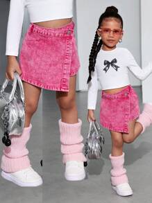 SHEIN Young Girl Y2K Cute Pink Denim Skort, New Year - Pink - View 1