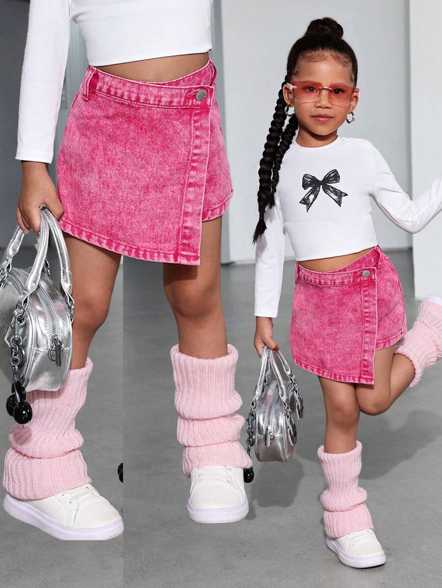 SHEIN Young Girl Y2K Cute Pink Denim Skort, New Year - Pink - View 1