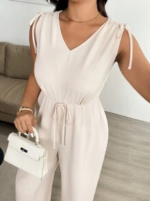 SHEIN Unity 大码女式纯色前系带无袖简约休闲优雅连体裤