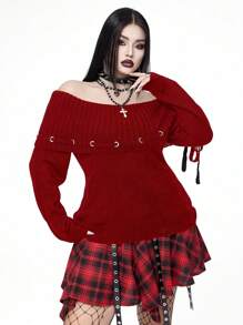 Flirla Plus Size Dark Punk Goth Style Black Metal Accent Lace-Up Off Shoulder Tight Knit Pullover Sweater Knit Pullover Fall Winter Sweater - Red - View 7