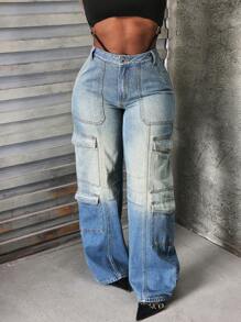 SHEIN Slayr Women's Casual Cargo Jeans Straight Pants - Blue - View 7