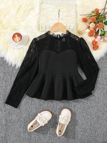 SHEIN Camisa de manga larga con dobladillo con volantes, encaje bordado y tela de malla elegante y de para niña preadolescente, color negro, adecuada para fiestas y al aire libre
