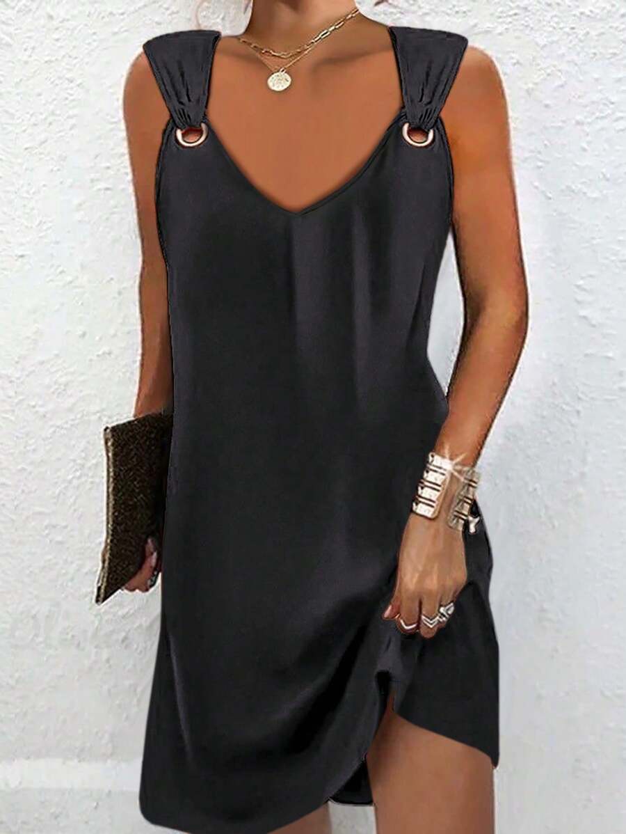 SHEIN LUNE Váy vest thẳng cổ chữ V màu trơn mùa hè dành cho nữ - màu đen - Xem 1