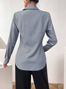 Mulvari 女士春夏条纹印花长袖休闲衬衫女士衬衫、长袖上衣 - 藏蓝色 - 查看 2