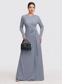 Veilorie Women's Solid Color Round Neck Long Sleeve Pleated Elegant Dress Modest - Blue - View 3