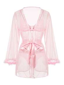 PetitDoll 4pack Christmas Contrast Lace Fuzzy Trim Underwire Thong Lingerie Set - Baby Pink - View 6