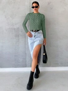 RueChic Solid Pointelle Knit Crop Sweater - Lime Green - View 5