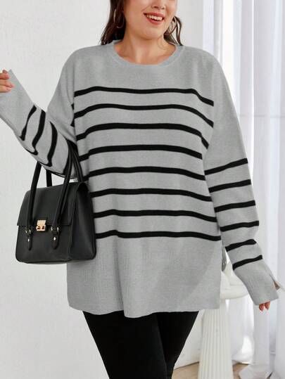 EURMUSE Striped Round Neck Long Sleeve Top, Plus Size, Casual Daily Wear, For Winter