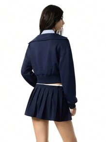LYSMO 2 pièces Ensemble pour femme - Top à manches longues à imprimé à carreaux et jupe plissée - Bleu marine - Voir 2
