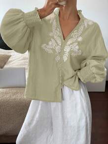 SHEIN Frenchy Women's Vacation Casual White Embroidered Front Placket Shirt