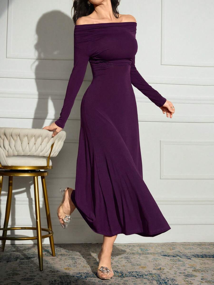 Modelyn Women's Solid Color Off Shoulder Long Sleeve Casual Long Arabic Style Dress
