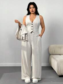 SHEIN EZwear Spring Linen Lightweight Mandarin Collar Front Button Down Jacket, Minimalist Sleeveless Top And Pants Casual Plus Size Suit Graduation,Back To School,Teacher Outfits For Women In Fall/Winter