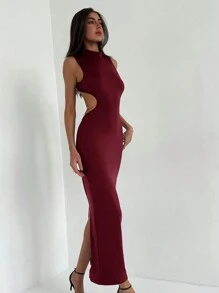 Aloruh Đầm dài hở lưng gợi cảm, trang trí eo khoét sâu, cổ cao, không tay, xẻ tà, hở lưng, thiết kế sang trọng, xuân/hè - Màu Đỏ Sâu - Xem 7