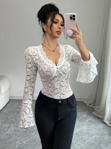 Elenzga Blusa de mujer con diseño de paisley, encaje, escote en V y mangas de campana (diseño floral de corte aleatorio) - Blanco - Ver 3