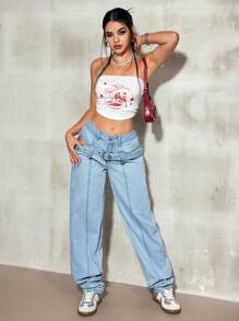 SHEIN EZwear Quần denim rách hở lưng thiết kế khóa cài cổ điển cho nữ - Rửa nhẹ - Xem 5