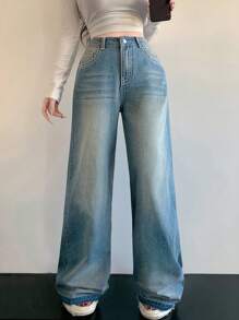 SHEIN MOD MOD Women's Casual Skinny Straight Leg Jeans, Blue Baggy Women Jeans,Baggy Jeans,Y2k Clothes,Stacked Women Jeans,Blue Jeans,Wide Leg Pants