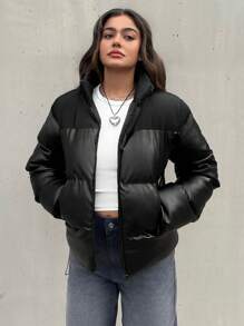 EURMUSE Women PU Leather Patchwork Metal Zipper Casual Fashionable Padded Coat - Black - View 4