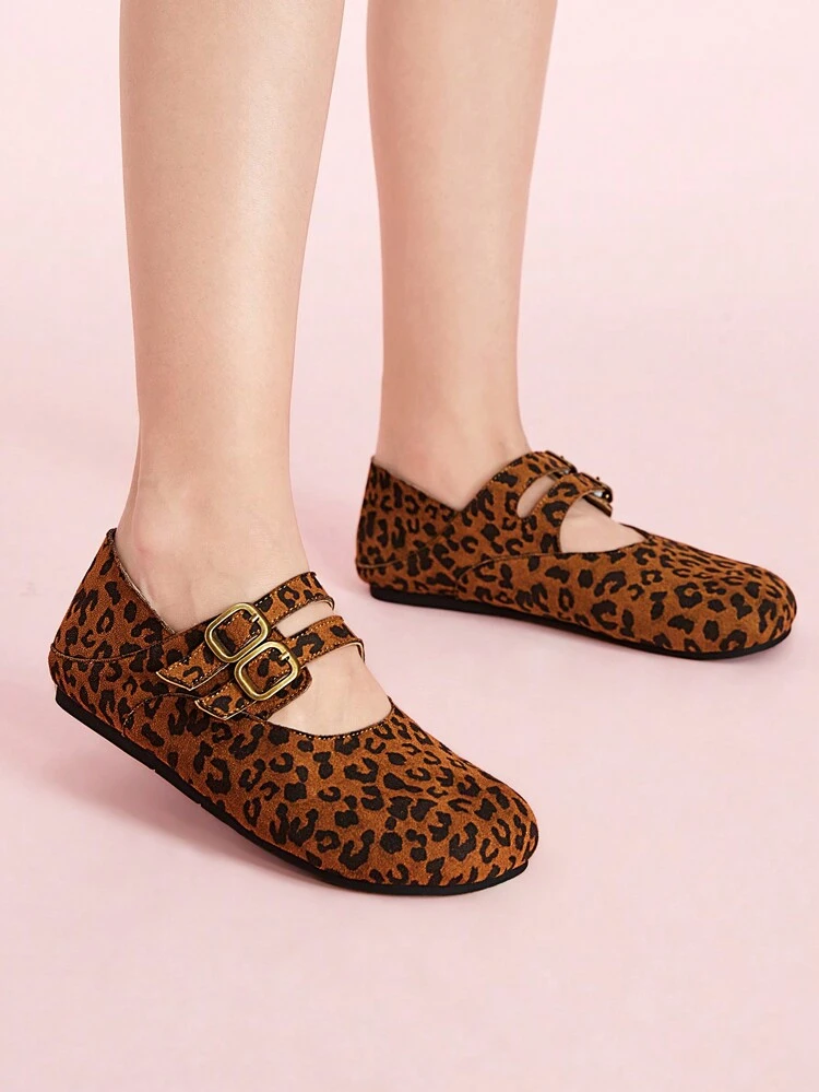 CUCCOO DOLLMOD Leopard Print Double Strap Buckle Round Toe Flat Casual Comfortable Cute Elegant Cloud Leopard Faux Suede Women Mary Jane Flats, Preppy Style Fashion Valentine's Day