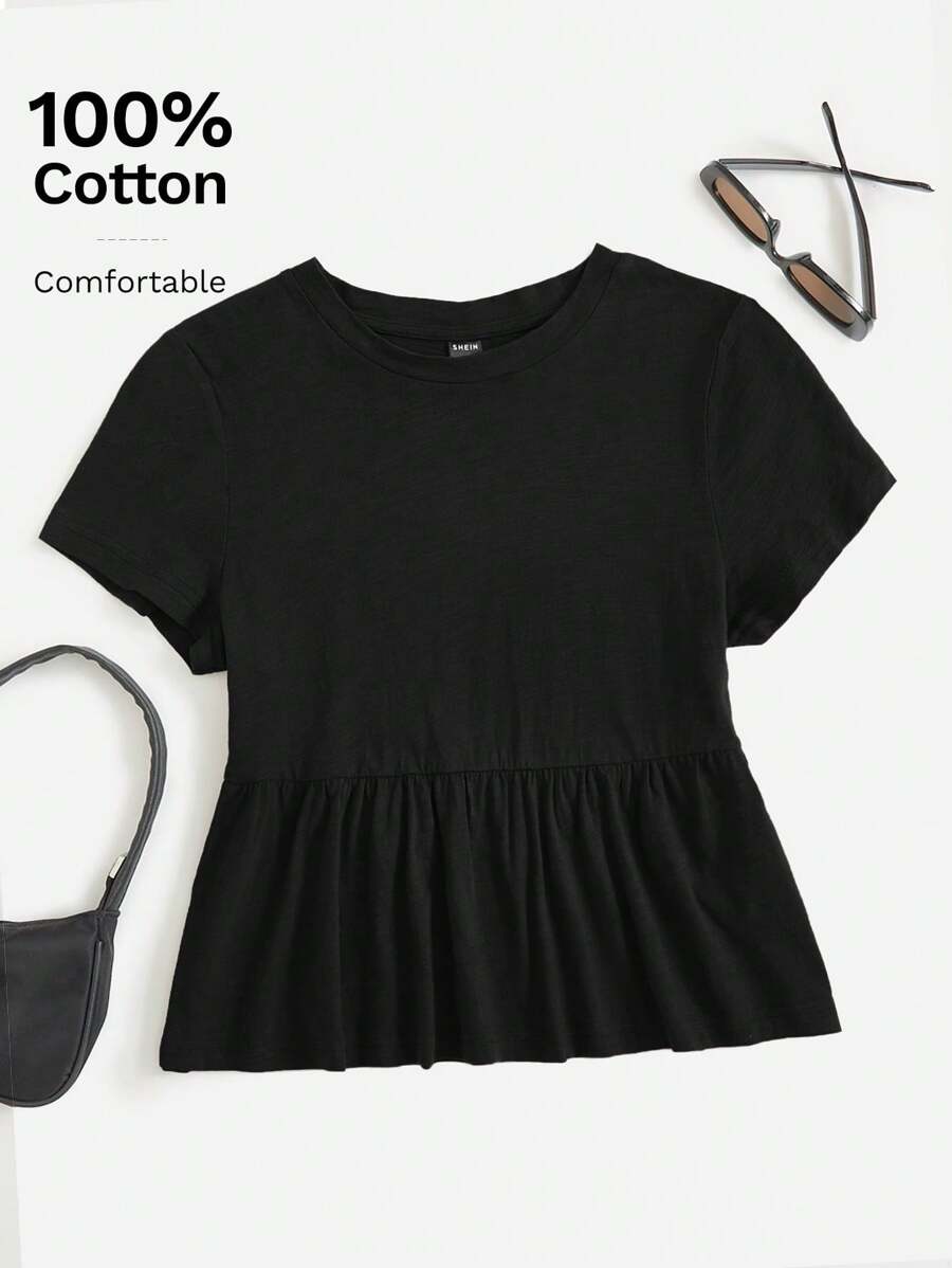 SHEIN EZwear 素色荷葉邊T恤