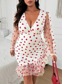 Flirla 情人节浪漫心形印花可爱连衣裙，带有圆点、玫瑰、爱心、嘴唇、丘比特和花朵图案 - 紅色 - 查看 5