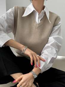 DAZY 女士 V 领修身纯色毛衣背心，春秋 - 駝色 - 查看 2