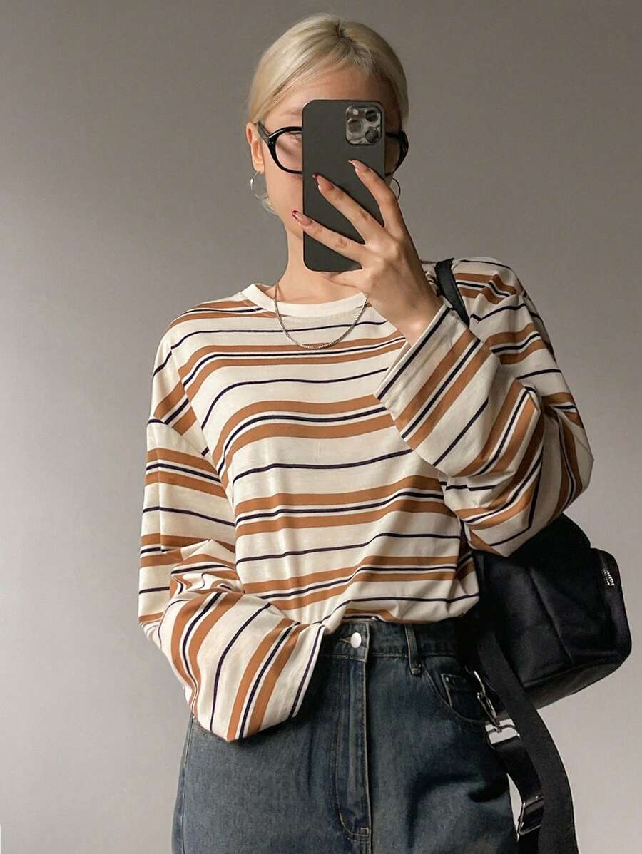 DAZY Contrast Color Stripe Loose Long Sleeve Round Neck Casual Women T-Shirt, Spring & Summer,Fall Clothes - Khaki - View 1