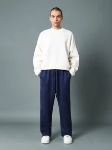 SUMWON Winter Cozy Drop Crotch Sweatpants Straight Leg Jogger Pants With Side Pockets Athletic Leisure Sports Loungewear Fitness Workout Bottoms - Blue - View 3