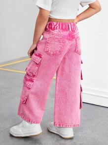 SHEIN Jong meisje Y2K grijs denim cargo pocket losse wijde broek, meisje herfst en winter denim jeans kleding