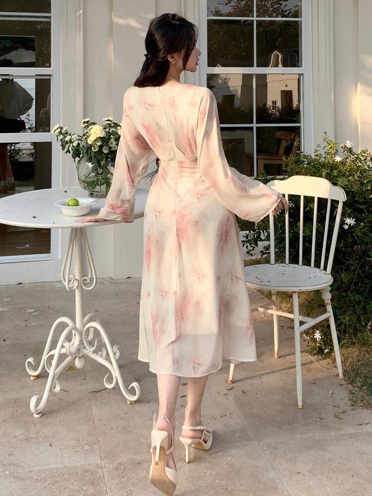 V-Neck All-Over Floral Pattern Lantern Sleeve Mid-Length Dress For Women Prom Dress,Fall Dress Long Sleeve Dress Elegant Women Dresses Easter Maxi Dress