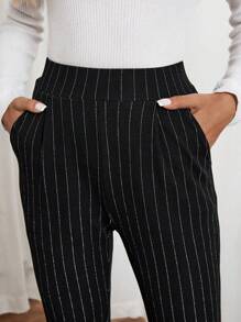 SHEIN LUNE 大码女式修身条纹弹力紧身裤，百搭办公服装和休闲长裤 - 彩色 - 查看 3