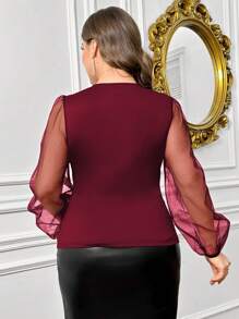 SHEIN Privé Plus Size Women Elegant Mesh Patchwork Shell Trim Blouse, Valentine's Day