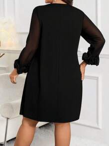 SHEIN Clasi Plus Size Casual Dress With Mesh Patchwork, Long Sleeve, Faux Pearl Decor