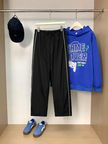 SHEIN 青少年男孩休闲街头风格宽松白色撞色海军蓝直筒裤，街头服饰，运动，秋冬 - 黑色 - 查看 3