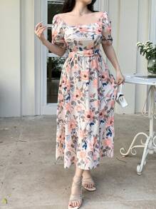 DAZY Đầm midi xếp ly thắt eo họa tiết hoa cho nữ, thích hợp mặc đi nghỉ mát, đi học, đi du lịch hoặc lễ Phục sinh. - Hồng - Xem 8