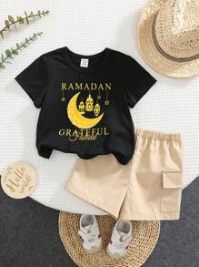 SHEIN Leap Crew Baby Boys Cute Cartoon Print Short Sleeve T-Shirt And Shorts 2 Pieces Set, Summer - Multicolor - View 4