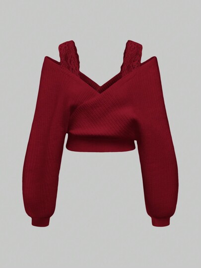 Französischer lässiger, sexy Pullover mit Spaghettiträgern, tiefem V-Ausschnitt und Off-Shoulder