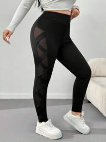 SHEIN EZwear Plus Size Women Mesh Patchwork Slim Fit Leggings, Casual Everyday Wear