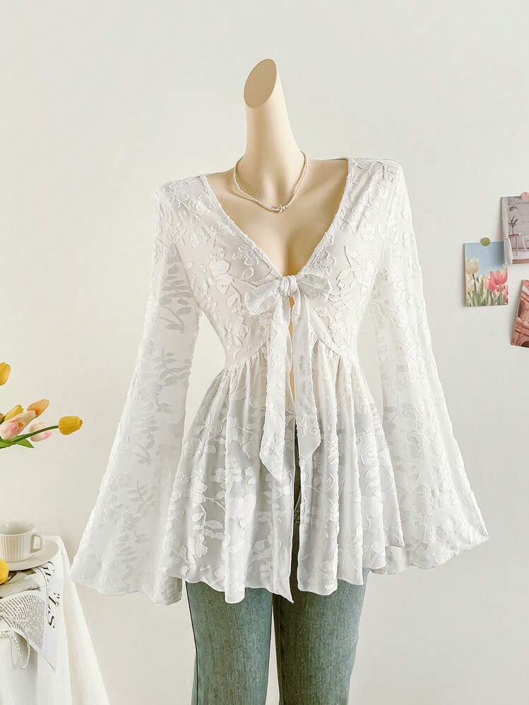 Soleia Women Solid Color Front Tie Long Sleeve Blouse, Casual & Everyday Wear - White - View 5