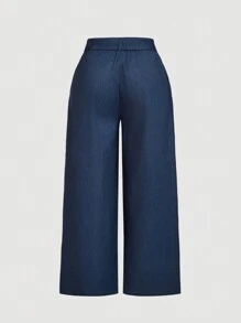 SHEIN MOD 大码女式高腰牛仔效果阔腿裤，褶皱高腰阔腿牛仔裤，Y2k 裤 - 水鴨藍 - 查看 2