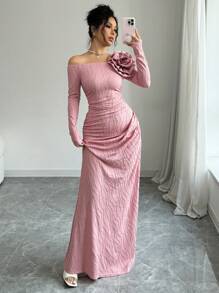 Rafferiza Women Long Sleeve 3D Floral Long Dress