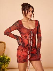 shy_girl Top transparente de manga larga con estampado de animal abstracto rojo, diseño hueco de lazo, para mujer diseñadora, primavera, salir, festival