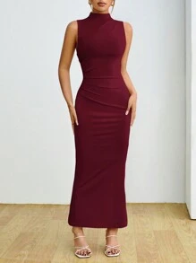 SHEIN PETITE Váy len bó co giãn cổ đứng cho nữ - Màu Đỏ Sâu - Xem 6