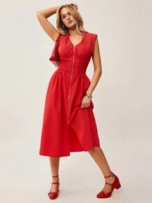 SHEIN Essnce 女士优雅纯色无袖中长连衣裙，腰部收褶