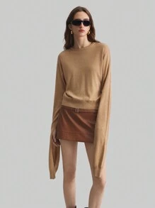 Ontre Camel High-End Springtime New Year Knitted Designer Round Neck Sweater With Extra Long Sleeves - Khaki - View 5